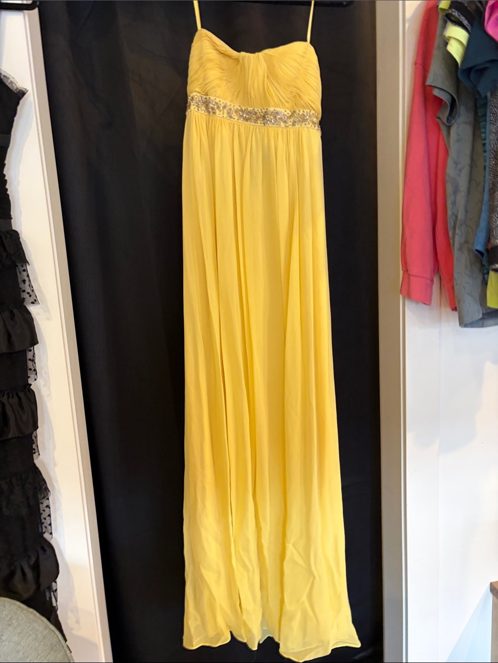 BCBGMaxAzria Yellow Beaded Empire Waist Prom Dress